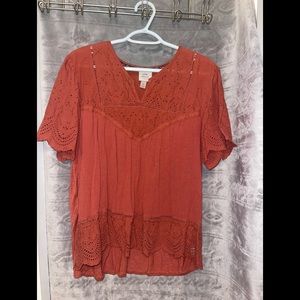 Burnt Orange Floral Embroidered Blouse